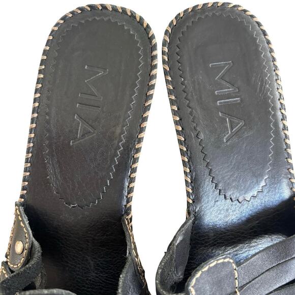 90'S Y2K VTG. MIA BLACK LEATHER THICK STITCHED PLATFORM HEELS SANDALS SZ. 7 EUC - Picture 4 of 8